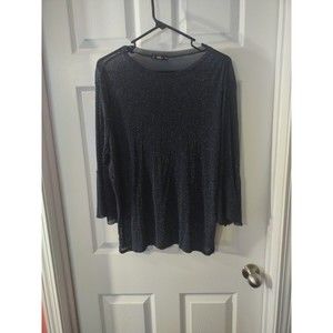 Shein Top See Thru Semi Sheer Sparkly Size OXL Blue Bell Sleeve